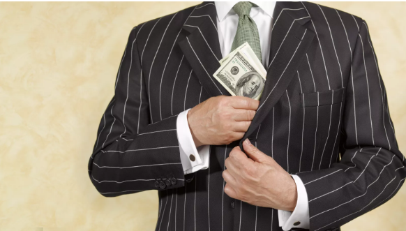 Pin-striped suit with cash in lapel