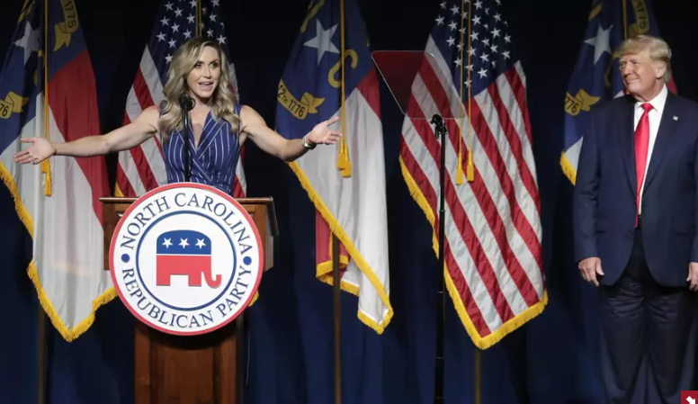 Former President Donald Trump, right, listens as his daughter-in-law Lara Trump speaks at the North Carolina Republican Convention, June 5, 2021, in Greenville, N.C. Donald Trump is calling for a shakeup at the highest levels of the Republican National Committee...